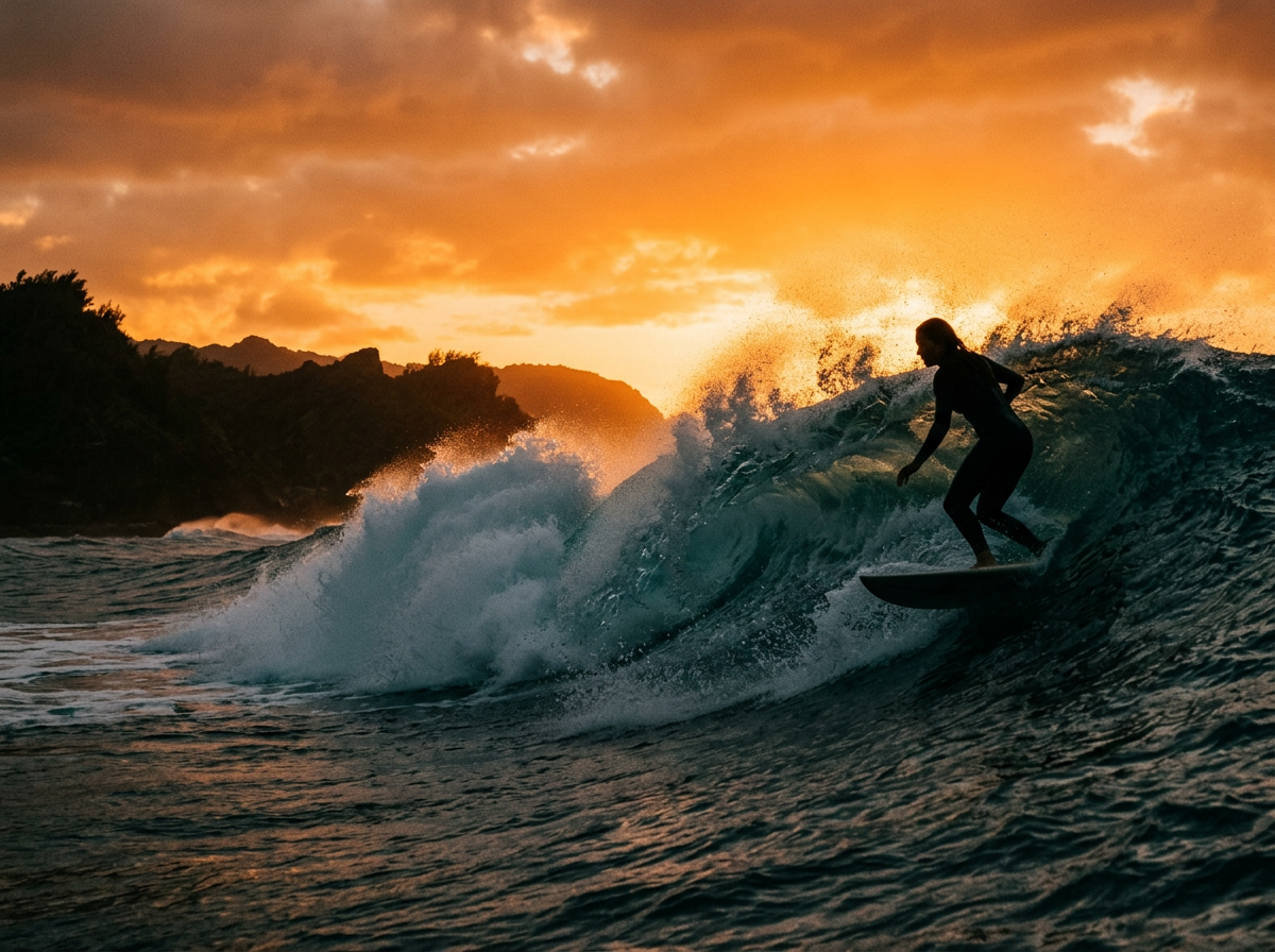 A surfer riding a wave at sunset